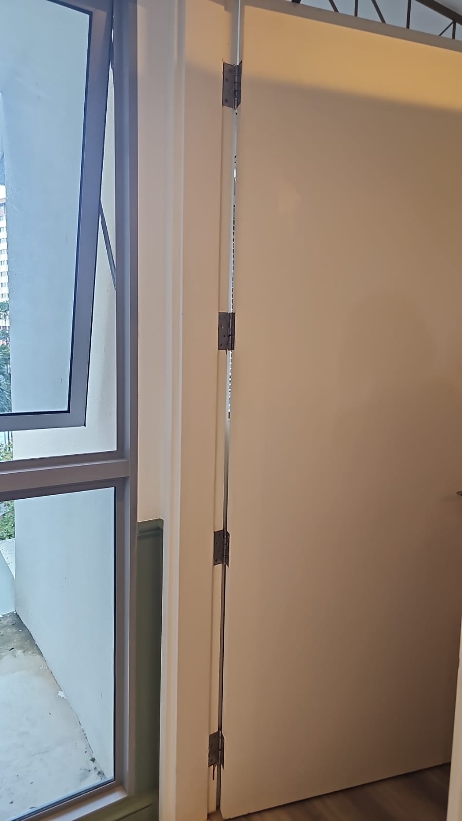 Full height piano hinge fitted to a door beside a window